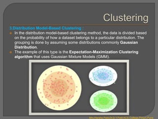3.Distribution Model-Based Clustering :
 In the distribution model-based clustering method, the data is divided based
on the probability of how a dataset belongs to a particular distribution. The
grouping is done by assuming some distributions commonly Gaussian
Distribution.
 The example of this type is the Expectation-Maximization Clustering
algorithm that uses Gaussian Mixture Models (GMM).
Mrs.Harsha Patil,Dr.D.Y.Patil ACS College,Pimpri,Pune
 