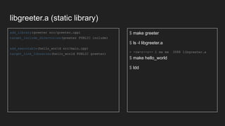 libgreeter.a (static library)
add_library(greeter src/greeter.cpp)
target_include_directories(greeter PUBLIC include)
add_executable(hello_world src/main.cpp)
target_link_libraries(hello_world PUBLIC greeter)
$ make greeter
$ ls -l libgreeter.a
> -rw-r--r-- 1 me me 3088 libgreeter.a
$ make hello_world
$ ldd
 