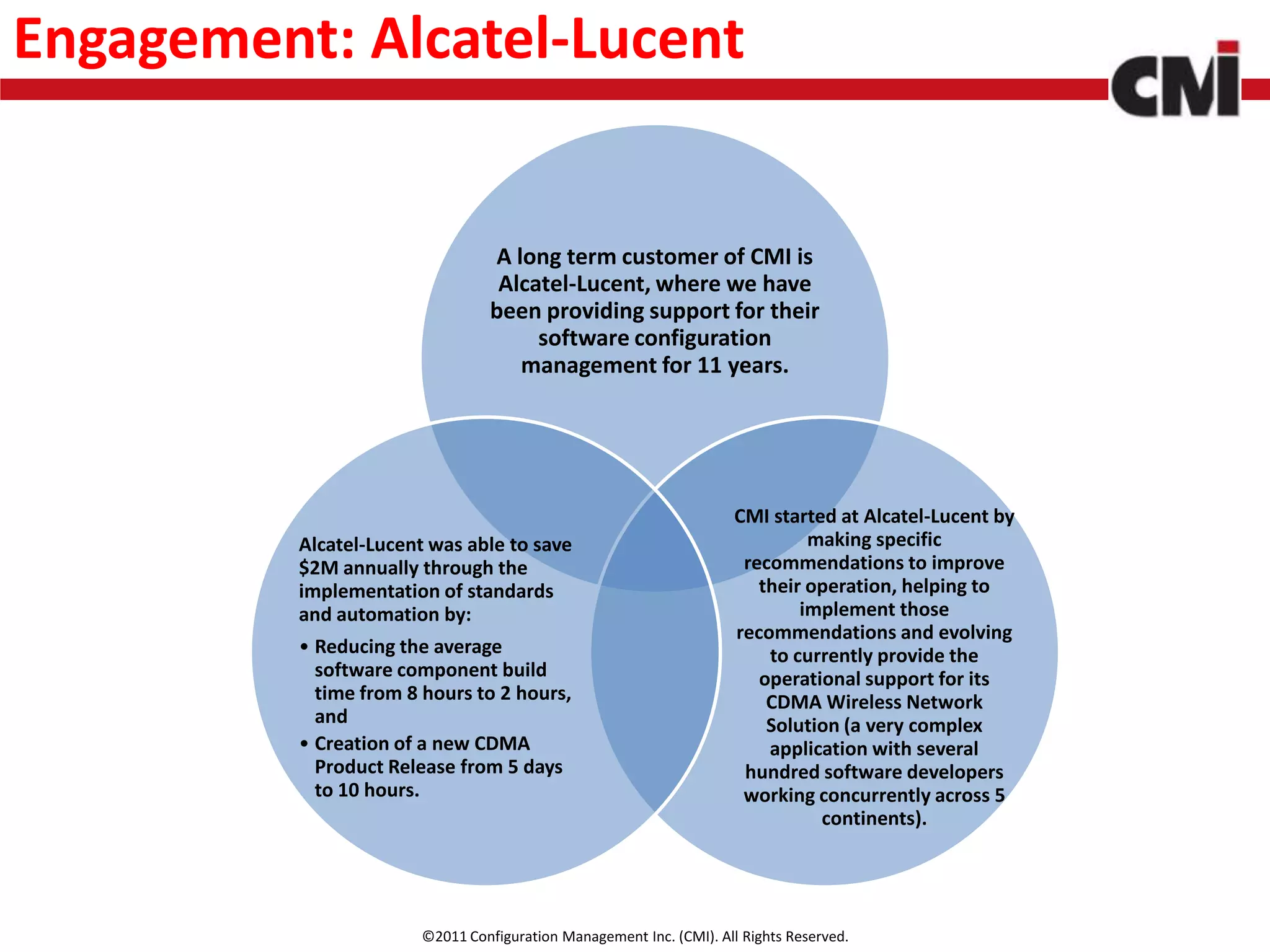 Engagement: Alcatel-Lucent


                                 A long term customer of CMI is
                                  Alcatel-Lucent, where we have
                                 been providing support for their
                                      software configuration
                                    management for 11 years.




                                                                     CMI started at Alcatel-Lucent by
          Alcatel-Lucent was able to save                                     making specific
          $2M annually through the                                    recommendations to improve
          implementation of standards                                   their operation, helping to
          and automation by:                                                 implement those
                                                                     recommendations and evolving
          • Reducing the average                                         to currently provide the
            software component build                                    operational support for its
            time from 8 hours to 2 hours,                                CDMA Wireless Network
            and                                                          Solution (a very complex
          • Creation of a new CDMA                                       application with several
            Product Release from 5 days                               hundred software developers
            to 10 hours.                                              working concurrently across 5
                                                                               continents).




                       ©2011 Configuration Management Inc. (CMI). All Rights Reserved.
 