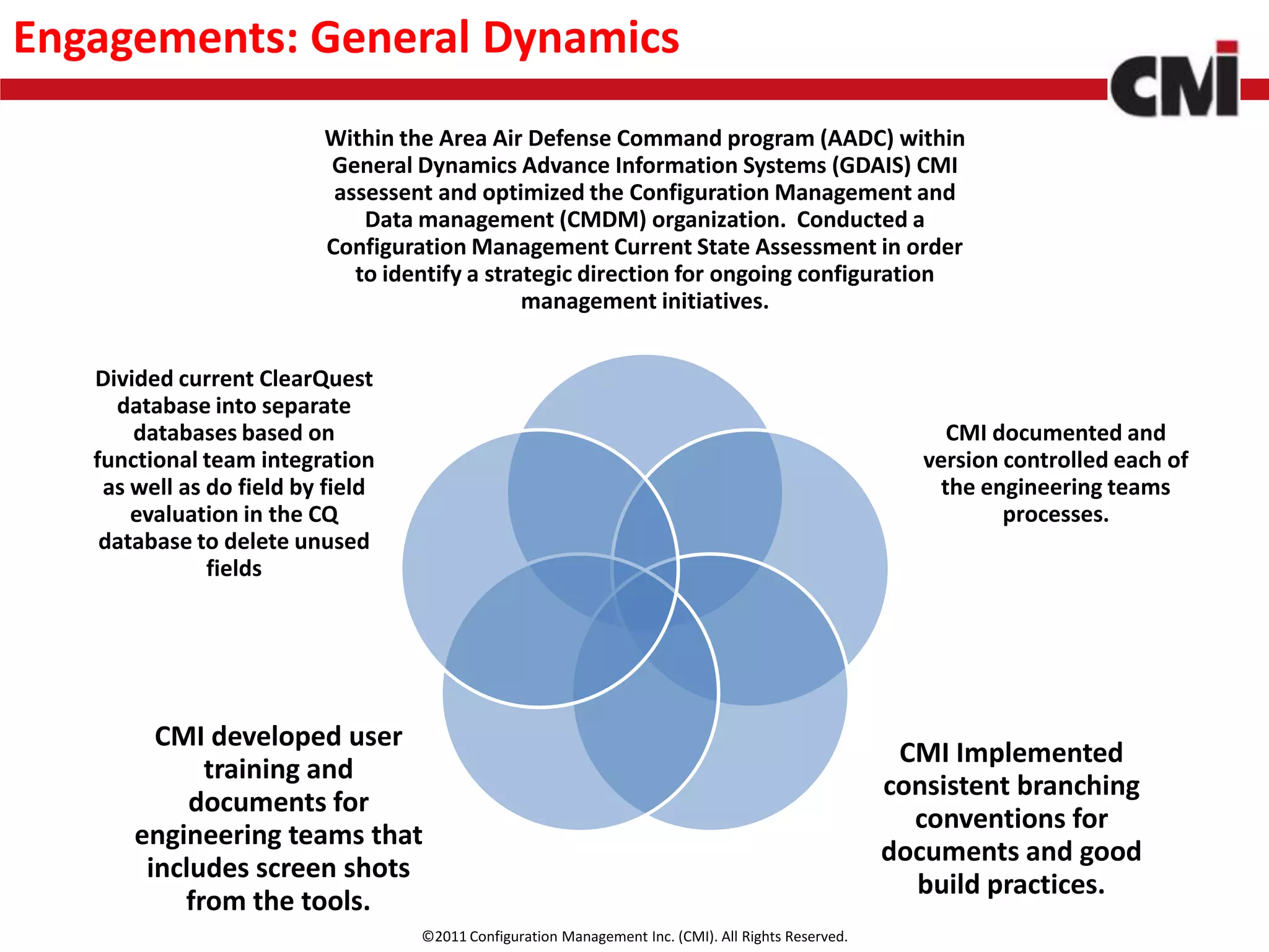 Engagements: General Dynamics
                          Within the Area Air Defense Command program (AADC) within
                          General Dynamics Advance Information Systems (GDAIS) CMI
                           assessent and optimized the Configuration Management and
                              Data management (CMDM) organization. Conducted a
                          Configuration Management Current State Assessment in order
                             to identify a strategic direction for ongoing configuration
                                               management initiatives.


   Divided current ClearQuest
     database into separate
       databases based on                                                                                  CMI documented and
   functional team integration                                                                          version controlled each of
    as well as do field by field                                                                          the engineering teams
       evaluation in the CQ                                                                                     processes.
    database to delete unused
               fields




         CMI developed user
                                                                                                      CMI Implemented
             training and
                                                                                                     consistent branching
            documents for
                                                                                                       conventions for
       engineering teams that
                                                                                                     documents and good
        includes screen shots
                                                                                                       build practices.
           from the tools.
                                   ©2011 Configuration Management Inc. (CMI). All Rights Reserved.
 