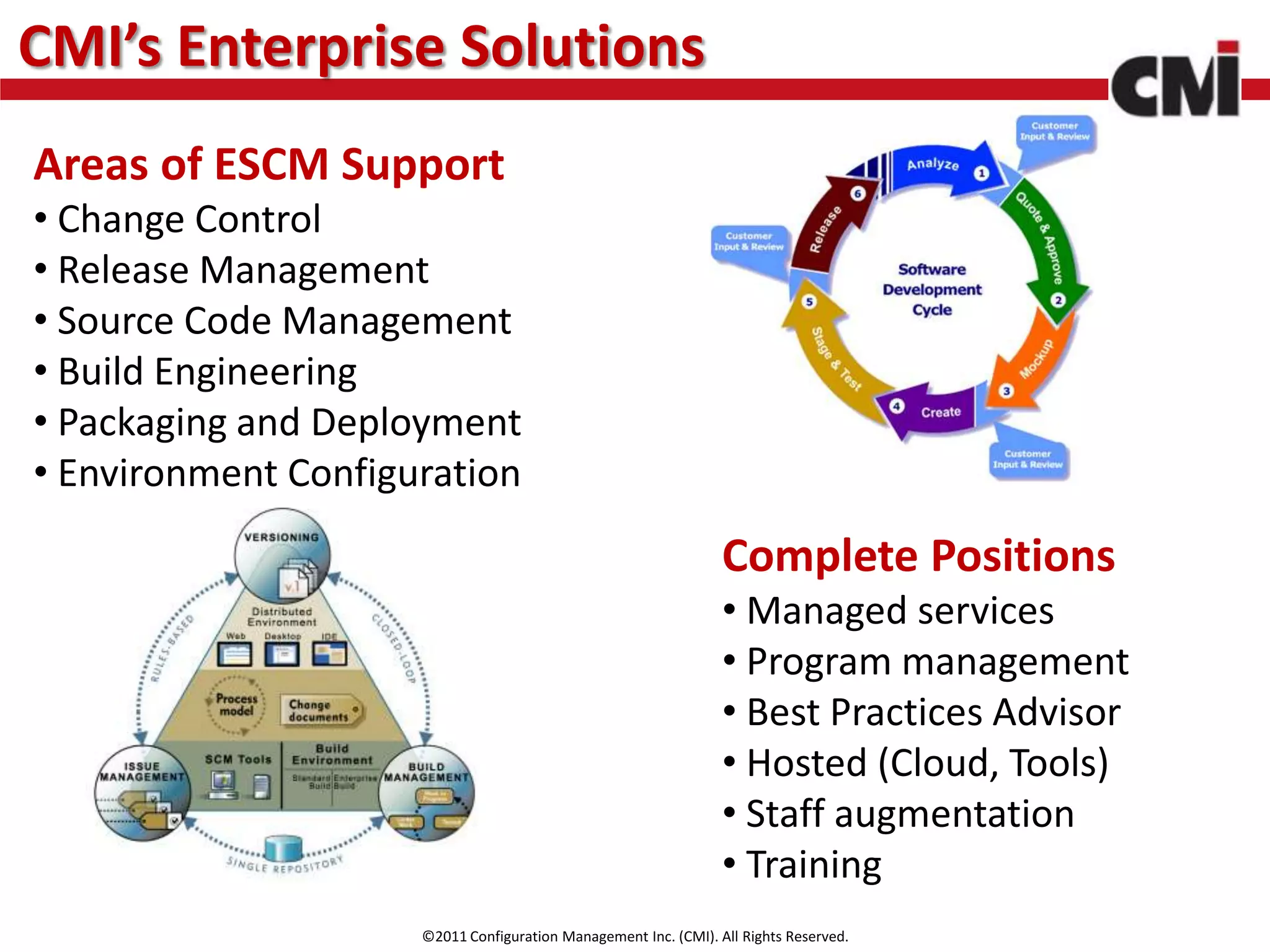 CMI’s Enterprise Solutions
Areas of ESCM Support
• Change Control
• Release Management
• Source Code Management
• Build Engineering
• Packaging and Deployment
• Environment Configuration

                                                                 Complete Positions
                                                                 • Managed services
                                                                 • Program management
                                                                 • Best Practices Advisor
                                                                 • Hosted (Cloud, Tools)
                                                                 • Staff augmentation
                                                                 • Training
                     ©2011 Configuration Management Inc. (CMI). All Rights Reserved.
 