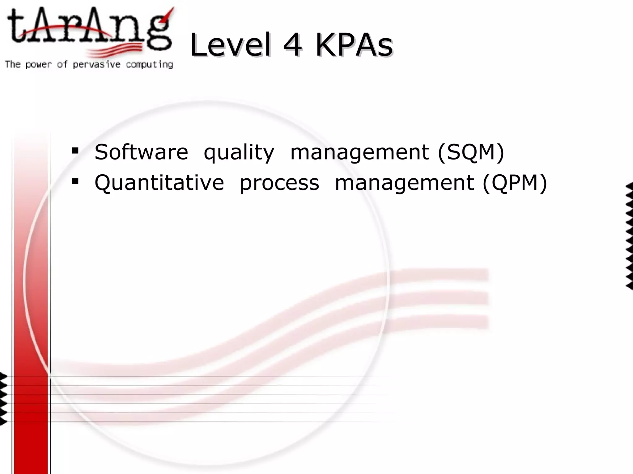Level 4 KPAs Software  quality  management (SQM) Quantitative  process  management (QPM) 