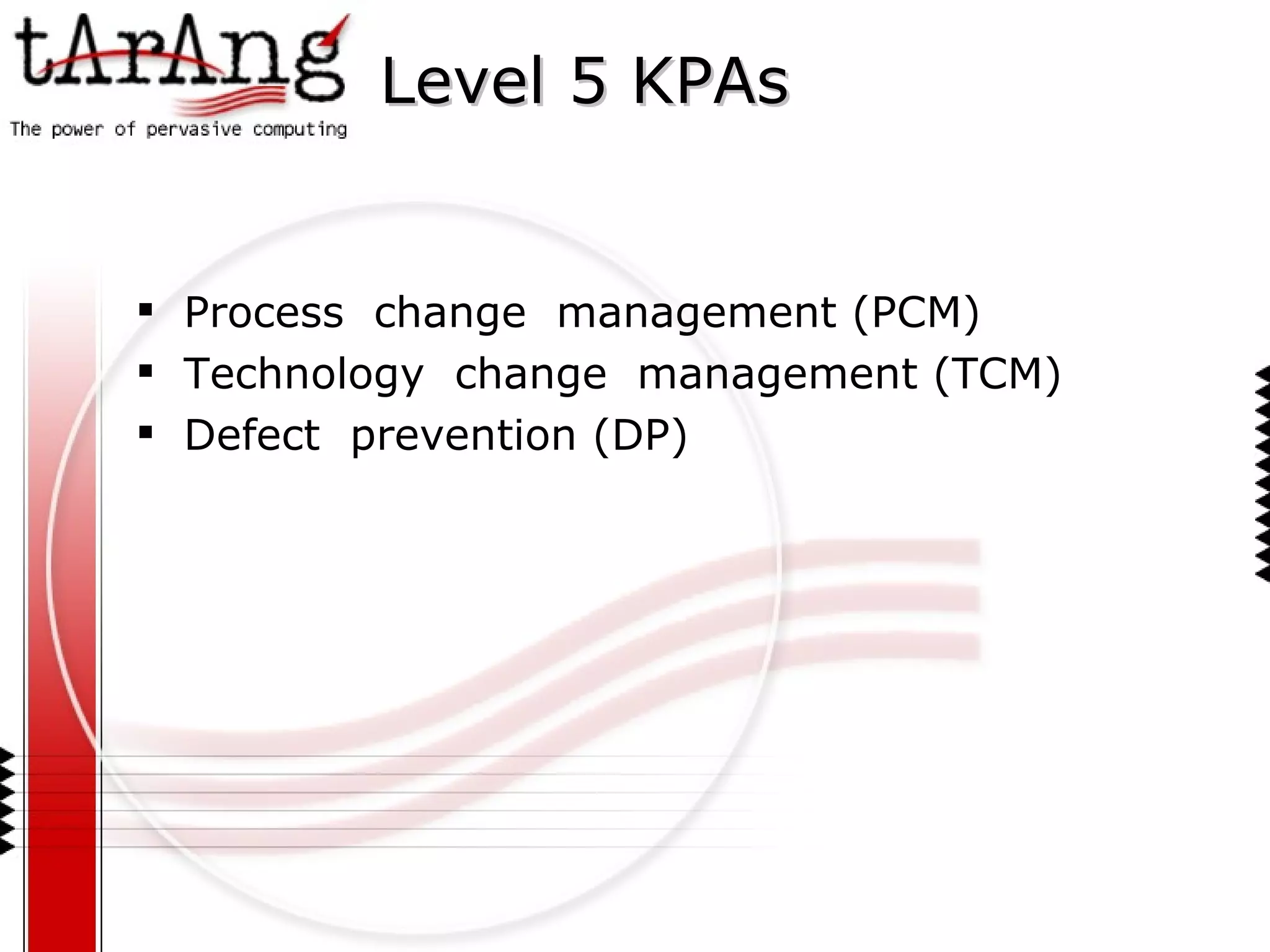 Level 5 KPAs Process  change  management (PCM) Technology  change  management (TCM) Defect  prevention (DP) 