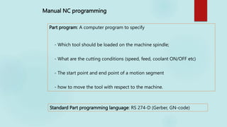 Manual NC programming
Part program: A computer program to specify
- Which tool should be loaded on the machine spindle;
- What are the cutting conditions (speed, feed, coolant ON/OFF etc)
- The start point and end point of a motion segment
- how to move the tool with respect to the machine.
Standard Part programming language: RS 274-D (Gerber, GN-code)
 