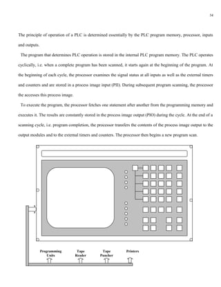 34




The principle of operation of a PLC is determined essentially by the PLC program memory, processor, inputs

and outputs.

 The program that determines PLC operation is stored in the internal PLC program memory. The PLC operates

cyclically, i.e. when a complete program has been scanned, it starts again at the beginning of the program. At

the beginning of each cycle, the processor examines the signal status at all inputs as well as the external timers

and counters and are stored in a process image input (PII). During subsequent program scanning, the processor

the accesses this process image.

 To execute the program, the processor fetches one statement after another from the programming memory and

executes it. The results are constantly stored in the process image output (PIO) during the cycle. At the end of a

scanning cycle, i.e. program completion, the processor transfers the contents of the process image output to the

output modules and to the external timers and counters. The processor then begins a new program scan.




               Programming          Tape         Tape          Printers
                   Units           Reader       Puncher
 