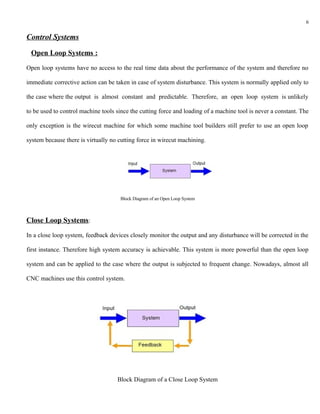 6


Control Systems

 Open Loop Systems :

Open loop systems have no access to the real time data about the performance of the system and therefore no

immediate corrective action can be taken in case of system disturbance. This system is normally applied only to

the case where the output is almost constant and predictable. Therefore, an open loop system is unlikely

to be used to control machine tools since the cutting force and loading of a machine tool is never a constant. The

only exception is the wirecut machine for which some machine tool builders still prefer to use an open loop

system because there is virtually no cutting force in wirecut machining.




                                      Block Diagram of an Open Loop System



Close Loop Systems:

In a close loop system, feedback devices closely monitor the output and any disturbance will be corrected in the

first instance. Therefore high system accuracy is achievable. This system is more powerful than the open loop

system and can be applied to the case where the output is subjected to frequent change. Nowadays, almost all

CNC machines use this control system.




                                    Block Diagram of a Close Loop System
 