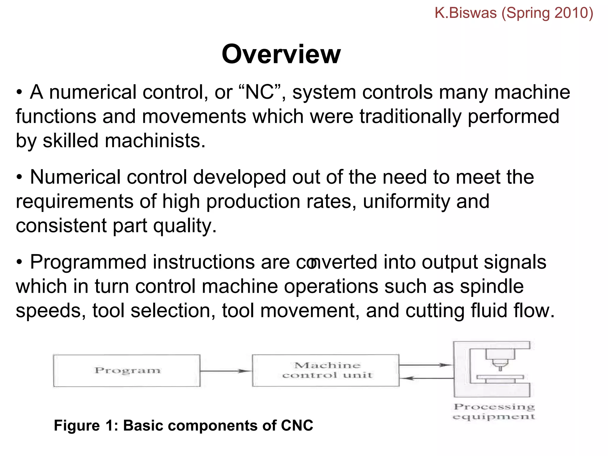 Overview
• A numerical control, or “NC”, system controls many machine
functions and movements which were traditionally performed
by skilled machinists.
• Numerical control developed out of the need to meet the
requirements of high production rates, uniformity and
consistent part quality.
• Programmed instructions are co
nverted into output signals
which in turn control machine operations such as spindle
speeds, tool selection, tool movement, and cutting fluid flow.
Figure 1: Basic components of CNC
K.Biswas (Spring 2010)
 