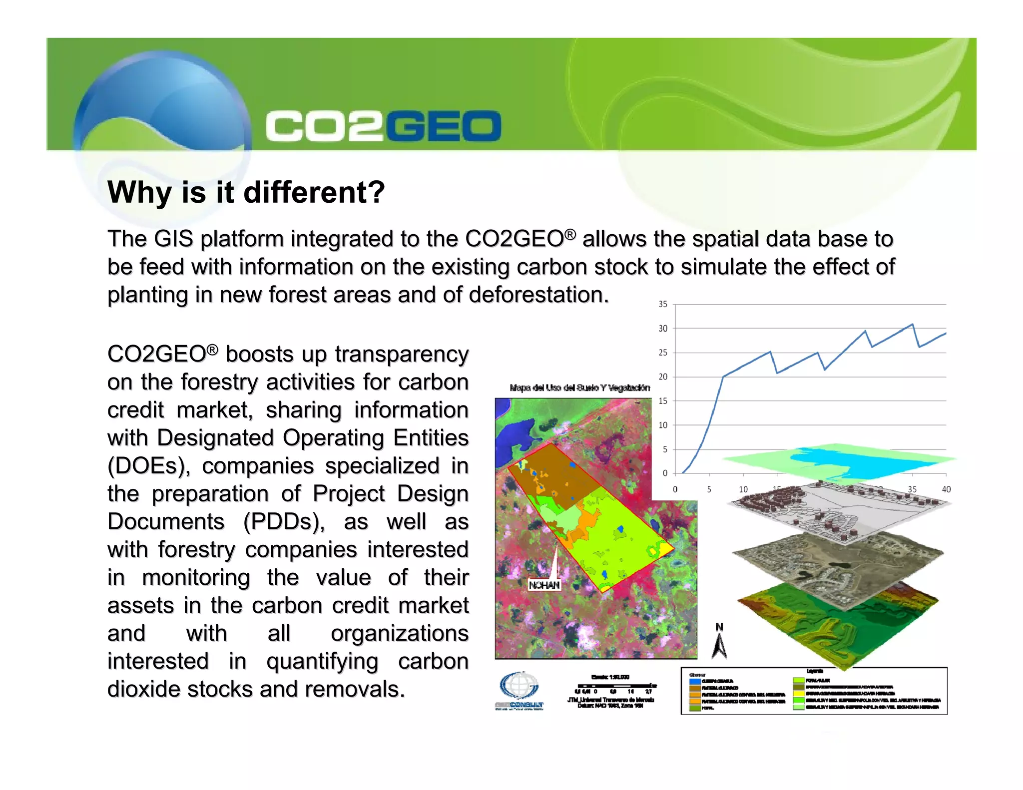 Why is it different?
The GIS platform integrated to the CO2GEO® allows the spatial data base to
be feed with information on the existing carbon stock to simulate the effect of
planting in new forest areas and of deforestation.

CO2GEO® boosts up transparency
on the forestry activities for carbon
credit market, sharing information
with Designated Operating Entities
(DOEs), companies specialized in
the preparation of Project Design
Documents (PDDs), as well as
with forestry companies interested
in monitoring the value of their
assets in the carbon credit market
and     with    all     organizations
interested in quantifying carbon
dioxide stocks and removals.
 