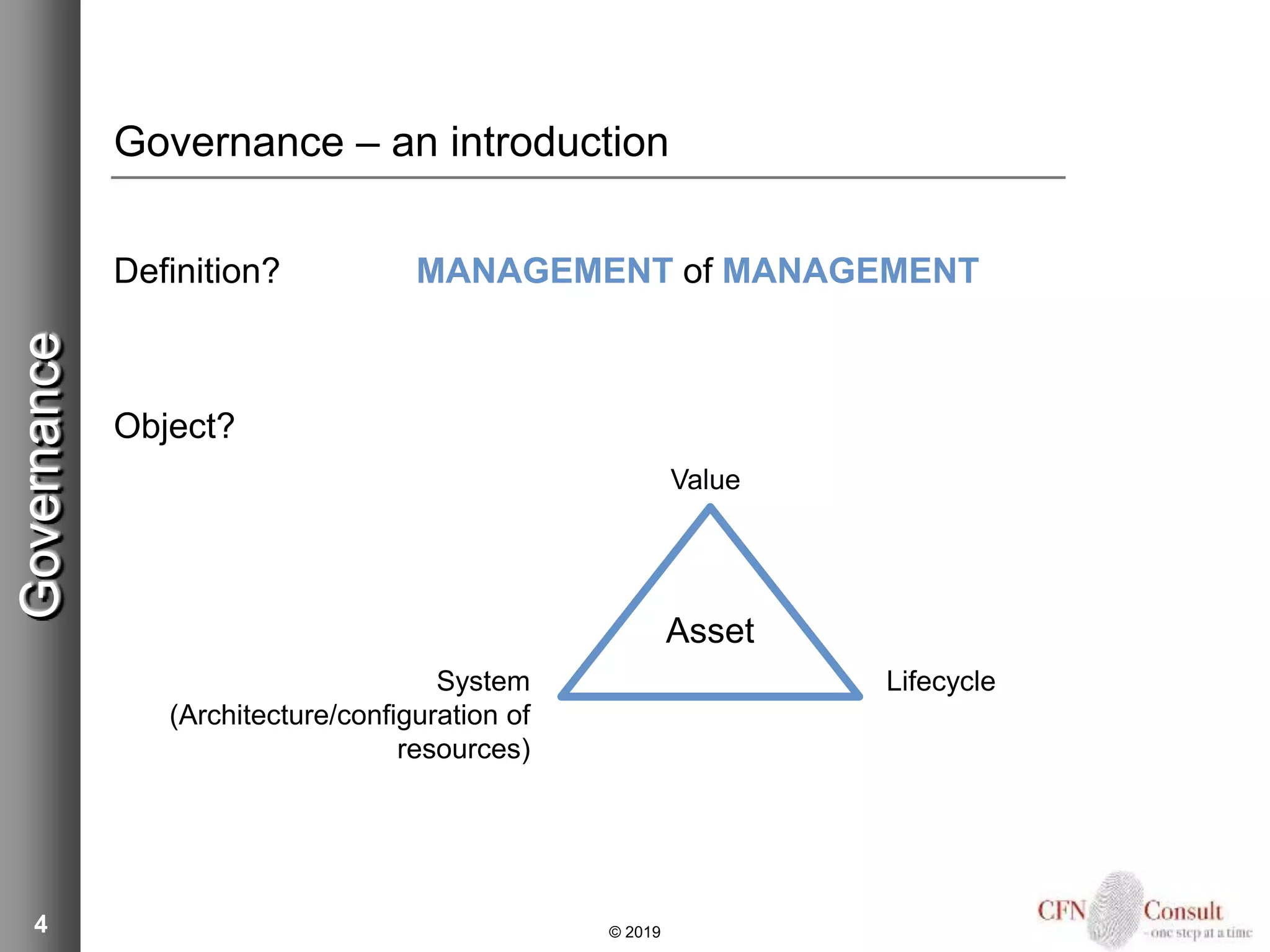 Governance – an introduction
Definition? MANAGEMENT of MANAGEMENT
Object?
4
Asset
System
(Architecture/configuration of
resources)
Value
Lifecycle
Governance
© 2019
 