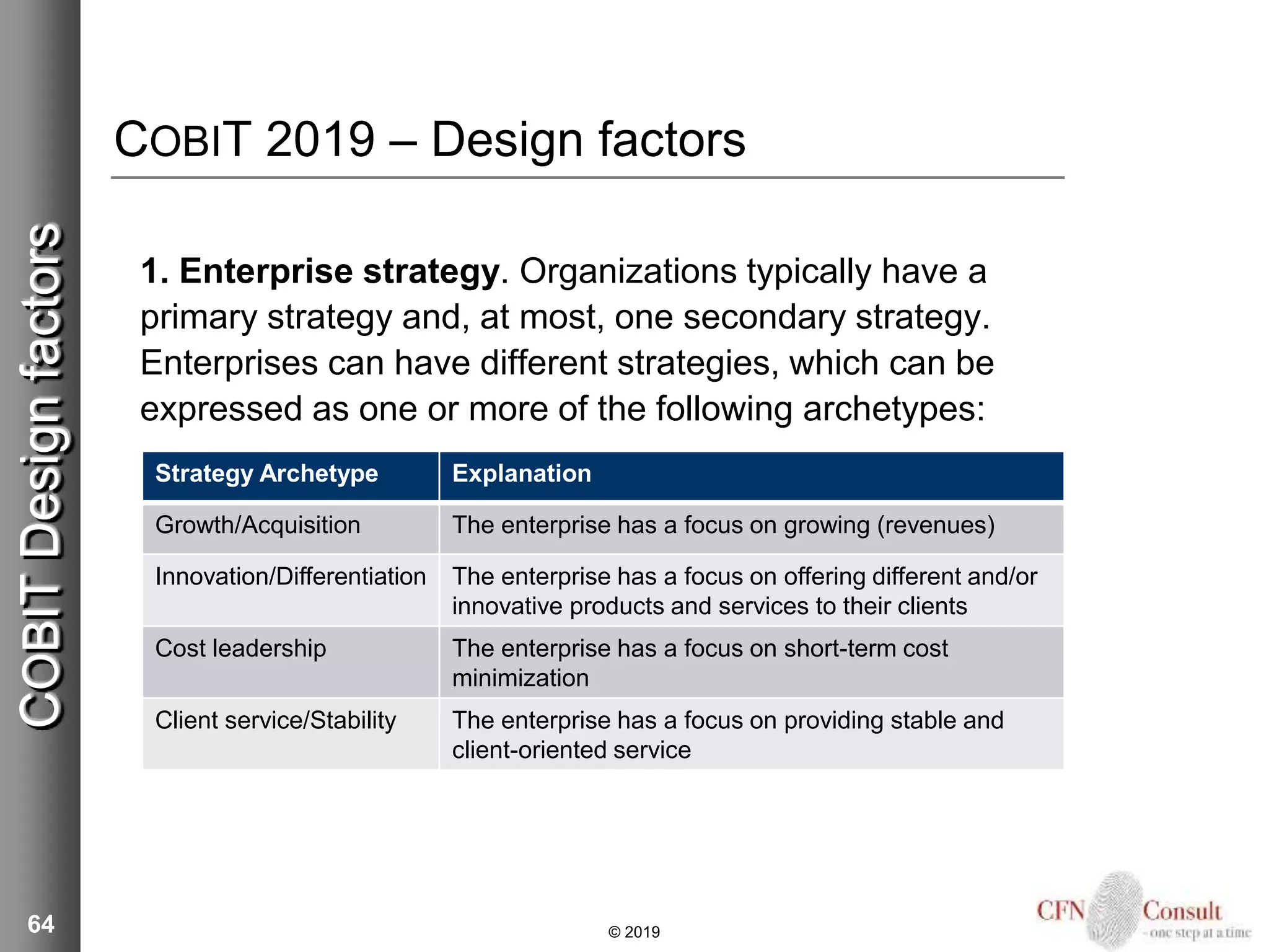 COBIT 2019 – Design factors
1. Enterprise strategy. Organizations typically have a
primary strategy and, at most, one secondary strategy.
Enterprises can have different strategies, which can be
expressed as one or more of the following archetypes:
64 © 2019
COBITDesignfactors
Strategy Archetype Explanation
Growth/Acquisition The enterprise has a focus on growing (revenues)
Innovation/Differentiation The enterprise has a focus on offering different and/or
innovative products and services to their clients
Cost leadership The enterprise has a focus on short-term cost
minimization
Client service/Stability The enterprise has a focus on providing stable and
client-oriented service
 