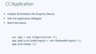 CCApplication
§ Creates & Initializes the Graphics Device
§ Sets the application delegate
§ Starts the Game
var app = new CCApplication ();
app.ApplicationDelegate = new MyGameDelegate ();
app.StartGame ();
 