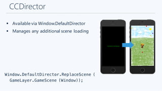 CCDirector
§ Available via Window.DefaultDirector
§ Manages any additional scene loading
Window.DefaultDirector.ReplaceScene (
GameLayer.GameScene (Window));
 