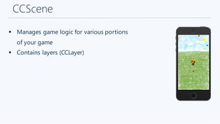 CCScene
§ Manages game logic for various portions
of your game
§ Contains layers (CCLayer)
 