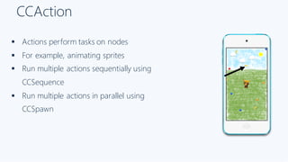 CCAction
§ Actions perform tasks on nodes
§ For example, animating sprites
§ Run multiple actions sequentially using
CCSequence
§ Run multiple actions in parallel using
CCSpawn
 