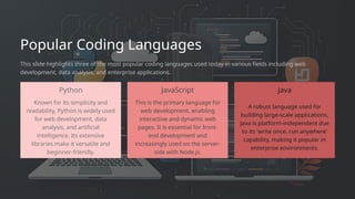 Known for its simplicity and
readability, Python is widely used
for web development, data
analysis, and artificial
intelligence. Its extensive
libraries make it versatile and
beginner-friendly.
Popular Coding Languages
This slide highlights three of the most popular coding languages used today in various fields including web
development, data analysis, and enterprise applications.
JavaScript Java
This is the primary language for
web development, enabling
interactive and dynamic web
pages. It is essential for front-
end development and
increasingly used on the server-
side with Node.js.
Python
A robust language used for
building large-scale applications,
Java is platform-independent due
to its 'write once, run anywhere'
capability, making it popular in
enterprise environments.
 