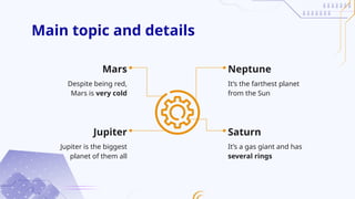 Main topic and details
It’s the farthest planet
from the Sun
Saturn
Mars Neptune
Jupiter is the biggest
planet of them all
It’s a gas giant and has
several rings
Jupiter
Despite being red,
Mars is very cold
 