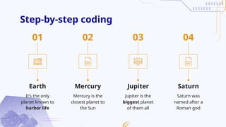 Step-by-step coding
Earth
It’s the only
planet known to
harbor life
Mercury
Mercury is the
closest planet to
the Sun
01
Jupiter
Jupiter is the
biggest planet
of them all
Saturn
Saturn was
named after a
Roman god
02 03 04
 