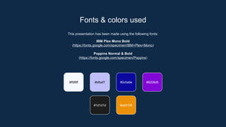 This presentation has been made using the following fonts:
IBM Plex Mono Bold
(https://fonts.google.com/specimen/IBM+Plex+Mono)
Poppins Normal & Bold
(https://fonts.google.com/specimen/Poppins)
#f5f8ff #bfbef7 #0c0a9e #8208d5
#1d1d1d #eb9109
Fonts & colors used
 