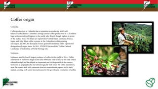 Coffee origin
Colombia
Coffee production in Colombia has a reputation as producing mild, well-
balanced coffee beans. Colombia's average annual coffee production of 11.5 million
bags is the second total highest in the world, after Brazil, though highest in terms
of the arabica bean. The beans are exported to United States, Germany, France,
Japan, and Italy. Most coffee is grown in the Colombian coffee growing
axis region. In 2007, the European Union granted Colombian coffee a protected
designation of origin status. In 2011, UNESCO declared the "Coffee Cultural
Landscape" of Colombia, a World Heritage site.
Indonesia
Indonesia was the fourth-largest producer of coffee in the world in 2014. Coffee
cultivation in Indonesia began in the late 1600s and early 1700s, in the early Dutch
colonial period, and has played an important part in the growth of the country.
Indonesia is geographically and climatologically well-suited for coffee plantations,
near the equator and with numerous interior mountainous regions on its main
islands, creating well-suited microclimates for the growth and production of coffee.
 
