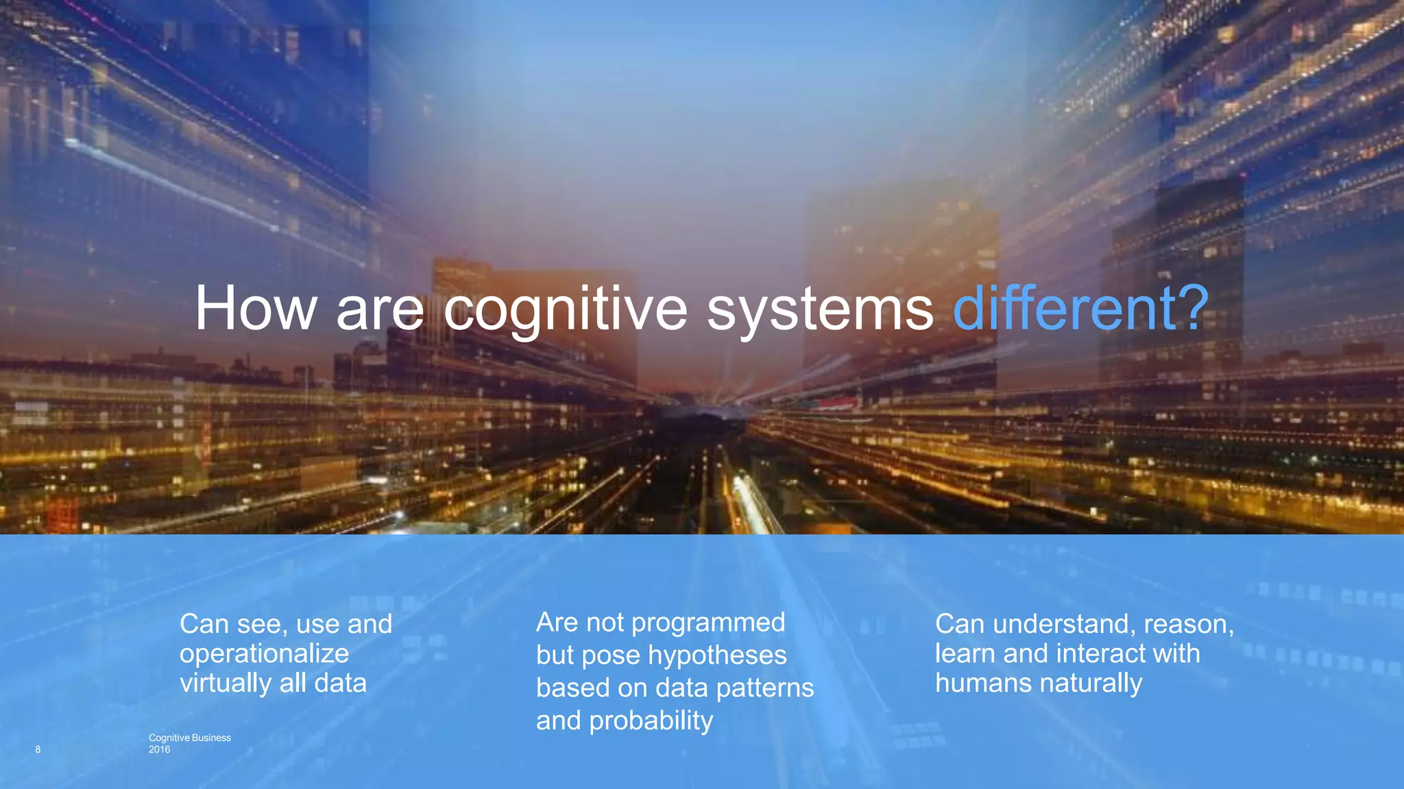 How are cognitive systems different?
Are not programmed
but pose hypotheses
based on data patterns
and probability
Can see, use and
operationalize
virtually all data
Can understand, reason,
learn and interact with
humans naturally
8
Cognitive Business
2016
 