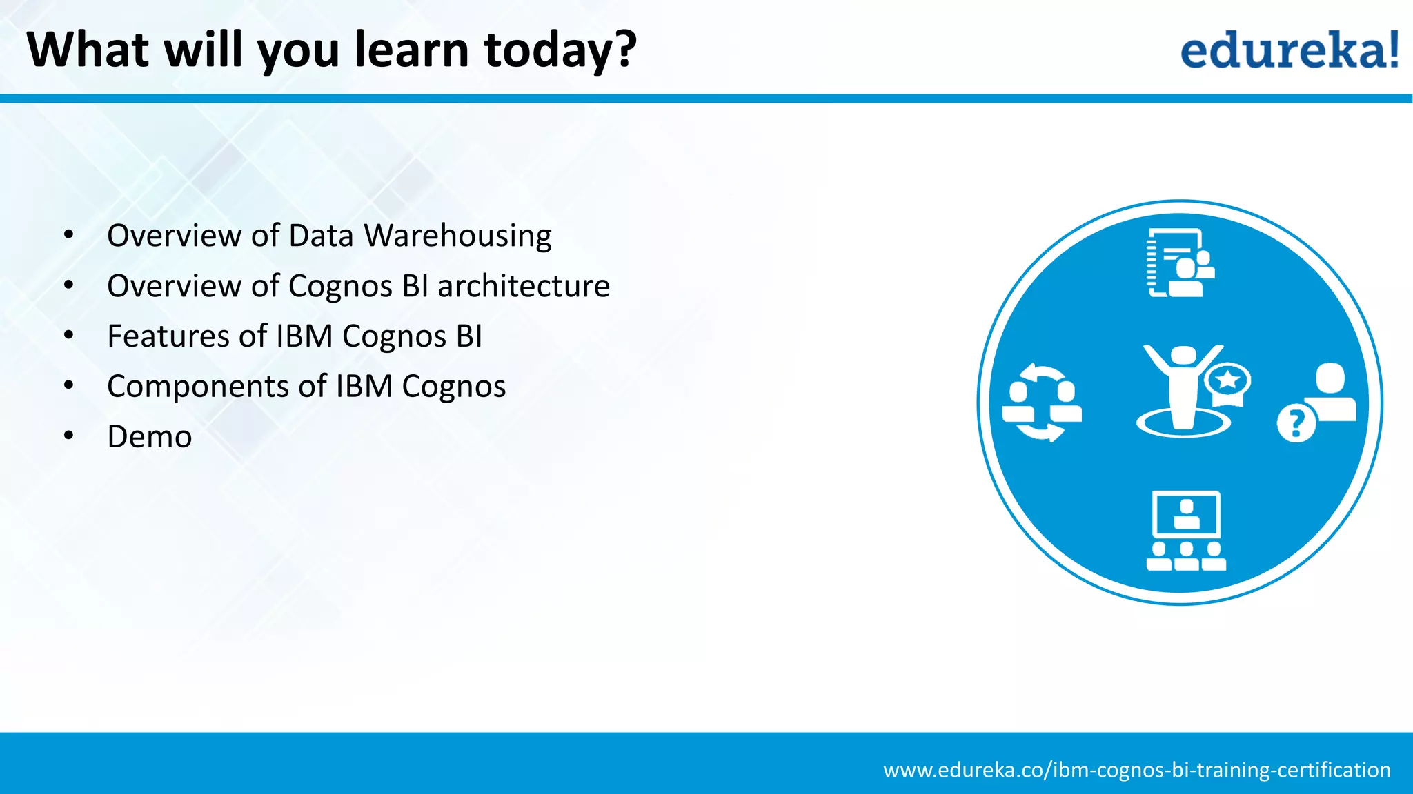 www.edureka.co/ibm-cognos-bi-training-certification
What will you learn today?
• Overview of Data Warehousing
• Overview of Cognos BI architecture
• Features of IBM Cognos BI
• Components of IBM Cognos
• Demo
 
