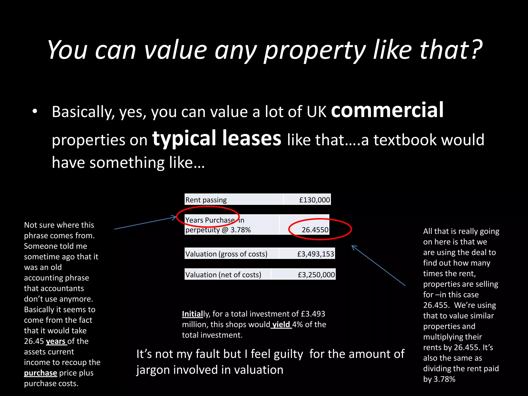 You can value any property like that?
• Basically, yes, you can value a lot of UK commercial

properties on typical leases like that….a textbook would
have something like…
Rent passing

Not sure where this
phrase comes from.
Someone told me
sometime ago that it
was an old
accounting phrase
that accountants
don’t use anymore.
Basically it seems to
come from the fact
that it would take
26.45 years of the
assets current
income to recoup the
purchase price plus
purchase costs.

Years Purchase in
perpetuity @ 3.78%

£130,000

26.4550

Valuation (gross of costs)

£3,493,153

Valuation (net of costs)

£3,250,000

Initially, for a total investment of £3.493
million, this shops would yield 4% of the
total investment.

It’s not my fault but I feel guilty for the amount of
jargon involved in valuation

All that is really going
on here is that we
are using the deal to
find out how many
times the rent,
properties are selling
for –in this case
26.455. We’re using
that to value similar
properties and
multiplying their
rents by 26.455. It’s
also the same as
dividing the rent paid
by 3.78%

 