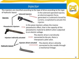10
Injector
The injectors are classified according to the type of drive according to the type
of hydraulic layout. In the solenoid-operated injector,
an electromagnetic force,
generated in a solenoid crossed by
current, is exploited to actuate the
injector.
In the piezo injectors utilizes the inverse
piezoelectric effect, that is the capacity of the
piezoelectric material to deform when subjected
to an electric voltage.
The electric drive is not directly
connected to the pin, there is
interposed a pilot valve.
The electric drive is directly
connected to the needle through
a mechanical linkage.
Operate:
Solenoid injectors
Piezoelectric injectors
Injectors indirectly actuated
Injectors direct actuated
Hydraulic layout:
 