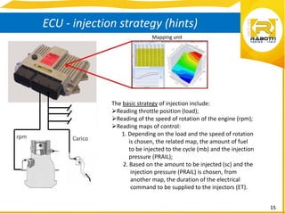 15
ECU - injection strategy (hints)
Mapping unit
The basic strategy of injection include:
Reading throttle position (load);
Reading of the speed of rotation of the engine (rpm);
Reading maps of control:
1. Depending on the load and the speed of rotation
is chosen, the related map, the amount of fuel
to be injected to the cycle (mb) and the injection
pressure (PRAIL);
2. Based on the amount to be injected (sc) and the
injection pressure (PRAIL) is chosen, from
another map, the duration of the electrical
command to be supplied to the injectors (ET).
 