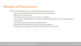 Modals of Production
- Firm-Production (i.e., hierarchy-production)
- Resource Allocation: Managerial decision (Authority)
- Afﬁliation: Employment
- Incentive: Compensation for time (i.e., Wages)
- Goal: Owner’s/Organization's goals; Alignment between Owner/Organization
and agents
- Resource Ownership: Owner/Organization
- Property Rights Regime: Private-property Regime
- Assignment: Managerial decision (Authority), centralized
Commons-based Peer Production Mini-course Version 1.0Commons-based Peer Production Mini-course Version 1.0
 