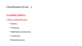 30
CLASSIFICATION=2
1.Warer washed Diseases:
• Scabies,
• Trachoma,
• Ophthalmia neonatorum,
• Lice(louse),
• Dermatomycosis.
Classification (Cont…)
 