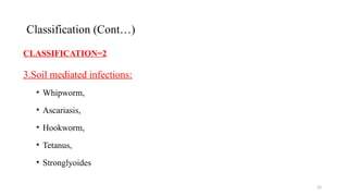 32
CLASSIFICATION=2
3.Soil mediated infections:
• Whipworm,
• Ascariasis,
• Hookworm,
• Tetanus,
• Stronglyoides
Classification (Cont…)
 