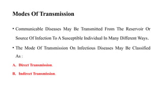 Modes Of Transmission
• Communicable Diseases May Be Transmitted From The Reservoir Or
Source Of Infection To A Susceptible Individual In Many Different Ways.
• The Mode Of Transmission On Infectious Diseases May Be Classified
As :
A. Direct Transmission.
B. Indirect Transmission.
54
 