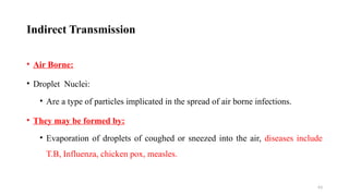 63
• Air Borne:
• Droplet Nuclei:
• Are a type of particles implicated in the spread of air borne infections.
• They may be formed by:
• Evaporation of droplets of coughed or sneezed into the air, diseases include
T.B, Influenza, chicken pox, measles.
Indirect Transmission
 