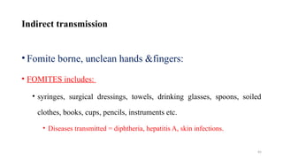 65
• Fomite borne, unclean hands &fingers:
• FOMITES includes:
• syringes, surgical dressings, towels, drinking glasses, spoons, soiled
clothes, books, cups, pencils, instruments etc.
• Diseases transmitted = diphtheria, hepatitis A, skin infections.
Indirect transmission
 
