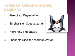 1. Size of an Organisation
2. Emphasis on Specialization
3. Hierarchy and Status
4. Channels used for communication
 