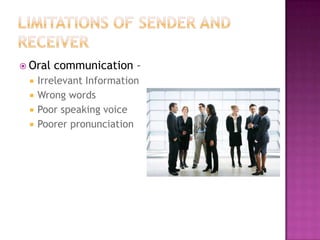  Oral communication –
 Irrelevant Information
 Wrong words
 Poor speaking voice
 Poorer pronunciation
 