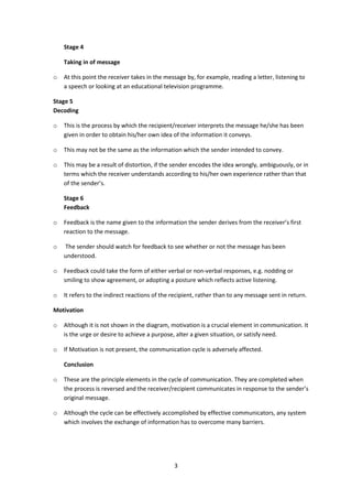 3 
Stage 4 
Taking in of message 
o At this point the receiver takes in the message by, for example, reading a letter, listening to 
a speech or looking at an educational television programme. 
Stage 5 
Decoding 
o This is the process by which the recipient/receiver interprets the message he/she has been 
given in order to obtain his/her own idea of the information it conveys. 
o This may not be the same as the information which the sender intended to convey. 
o This may be a result of distortion, if the sender encodes the idea wrongly, ambiguously, or in 
terms which the receiver understands according to his/her own experience rather than that 
of the sender’s. 
Stage 6 
Feedback 
o Feedback is the name given to the information the sender derives from the receiver’s first 
reaction to the message. 
o The sender should watch for feedback to see whether or not the message has been 
understood. 
o Feedback could take the form of either verbal or non-verbal responses, e.g. nodding or 
smiling to show agreement, or adopting a posture which reflects active listening. 
o It refers to the indirect reactions of the recipient, rather than to any message sent in return. 
Motivation 
o Although it is not shown in the diagram, motivation is a crucial element in communication. It 
is the urge or desire to achieve a purpose, alter a given situation, or satisfy need. 
o If Motivation is not present, the communication cycle is adversely affected. 
Conclusion 
o These are the principle elements in the cycle of communication. They are completed when 
the process is reversed and the receiver/recipient communicates in response to the sender’s 
original message. 
o Although the cycle can be effectively accomplished by effective communicators, any system 
which involves the exchange of information has to overcome many barriers. 
 