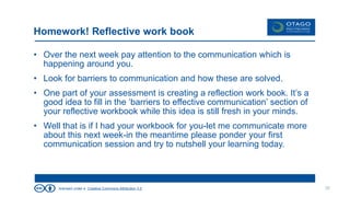 licensed under a Creative Commons Attribution 3.0
Homework! Reflective work book
• Over the next week pay attention to the communication which is
happening around you.
• Look for barriers to communication and how these are solved.
• One part of your assessment is creating a reflection work book. It’s a
good idea to fill in the ‘barriers to effective communication’ section of
your reflective workbook while this idea is still fresh in your minds.
• Well that is if I had your workbook for you-let me communicate more
about this next week-in the meantime please ponder your first
communication session and try to nutshell your learning today.
35
 