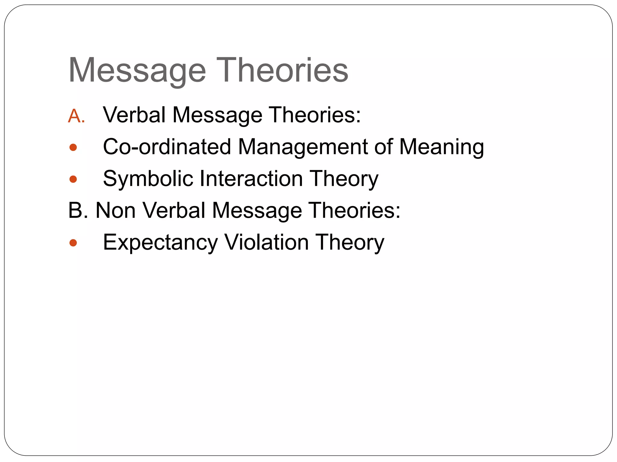 Message Theories
A. Verbal Message Theories:
 Co-ordinated Management of Meaning
 Symbolic Interaction Theory
B. Non Verbal Message Theories:
 Expectancy Violation Theory
 