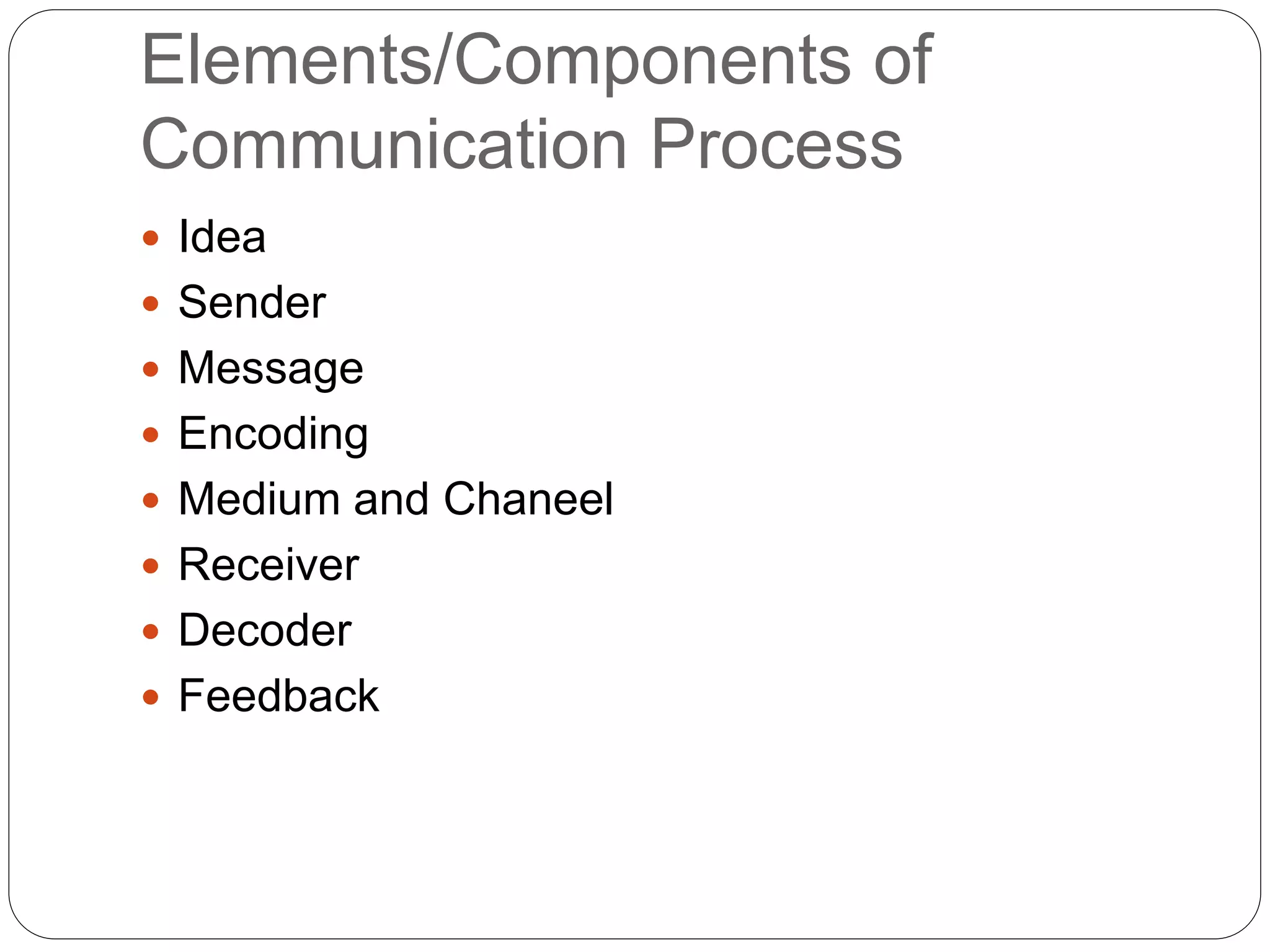 Elements/Components of
Communication Process
 Idea
 Sender
 Message
 Encoding
 Medium and Chaneel
 Receiver
 Decoder
 Feedback
 