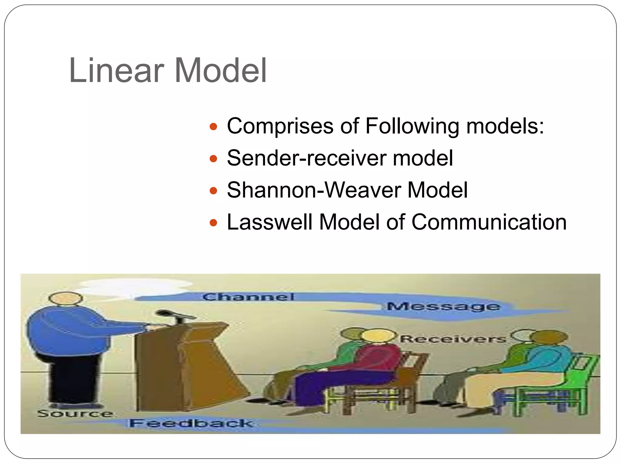 Linear Model
 Comprises of Following models:
 Sender-receiver model
 Shannon-Weaver Model
 Lasswell Model of Communication
 