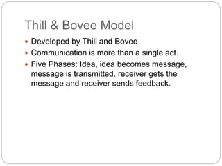 Thill & Bovee Model
 Developed by Thill and Bovee
 Communication is more than a single act.
 Five Phases: Idea, idea becomes message,
message is transmitted, receiver gets the
message and receiver sends feedback.
 