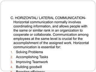 C. HORIZONTAL/ LATERAL COMMUNICATION-
Horizontal communication normally involves
coordinating information, and allows people with
the same or similar rank in an organization to
cooperate or collaborate. Communication among
employees at the same level is crucial for the
accomplishment of the assigned work. Horizontal
communication is essential for:
1. Solving Problems
2. Accomplishing Tasks
3. Improving Teamwork
4. Building goodwill
 