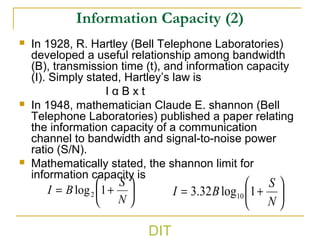 DIT
Information Capacity (2)
 In 1928, R. Hartley (Bell Telephone Laboratories)
developed a useful relationship among bandwidth
(B), transmission time (t), and information capacity
(I). Simply stated, Hartley’s law is
I α B x t
 In 1948, mathematician Claude E. shannon (Bell
Telephone Laboratories) published a paper relating
the information capacity of a communication
channel to bandwidth and signal-to-noise power
ratio (S/N).
 Mathematically stated, the shannon limit for
information capacity is






+=
N
S
BI 1log2 





+=
N
S
BI 1log32.3 10
 