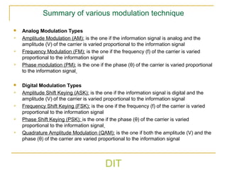 DIT
Summary of various modulation technique
 Analog Modulation Types
 Amplitude Modulation (AM): is the one if the information signal is analog and the
amplitude (V) of the carrier is varied proportional to the information signal
 Frequency Modulation (FM): is the one if the frequency (f) of the carrier is varied
proportional to the information signal
 Phase modulation (PM): is the one if the phase (θ) of the carrier is varied proportional
to the information signal
 Digital Modulation Types
 Amplitude Shift Keying (ASK): is the one if the information signal is digital and the
amplitude (V) of the carrier is varied proportional to the information signal
 Frequency Shift Keying (FSK): is the one if the frequency (f) of the carrier is varied
proportional to the information signal
 Phase Shift Keying (PSK): is the one if the phase (θ) of the carrier is varied
proportional to the information signal
 Quadrature Amplitude Modulation (QAM): is the one if both the amplitude (V) and the
phase (θ) of the carrier are varied proportional to the information signal
 