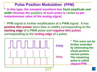 DIT
* In this type, the sampled waveform has fixed amplitude and
width whereas the position of each pulse is varied as per
instantaneous value of the analog signal.
* PPM signal is further modification of a PWM signal. It has
positive thin pulses (zero time or width) corresponding to the
starting edge of a PWM pulse and negative thin pulses
corresponding to the ending edge of a pulse.
* This wave can be
further amended
by eliminating the
whole positive
narrow pulses.
The remaining
pulse is called
clipped PPM.
PWM
PPM
Pulse Position Modulation (PPM)
 