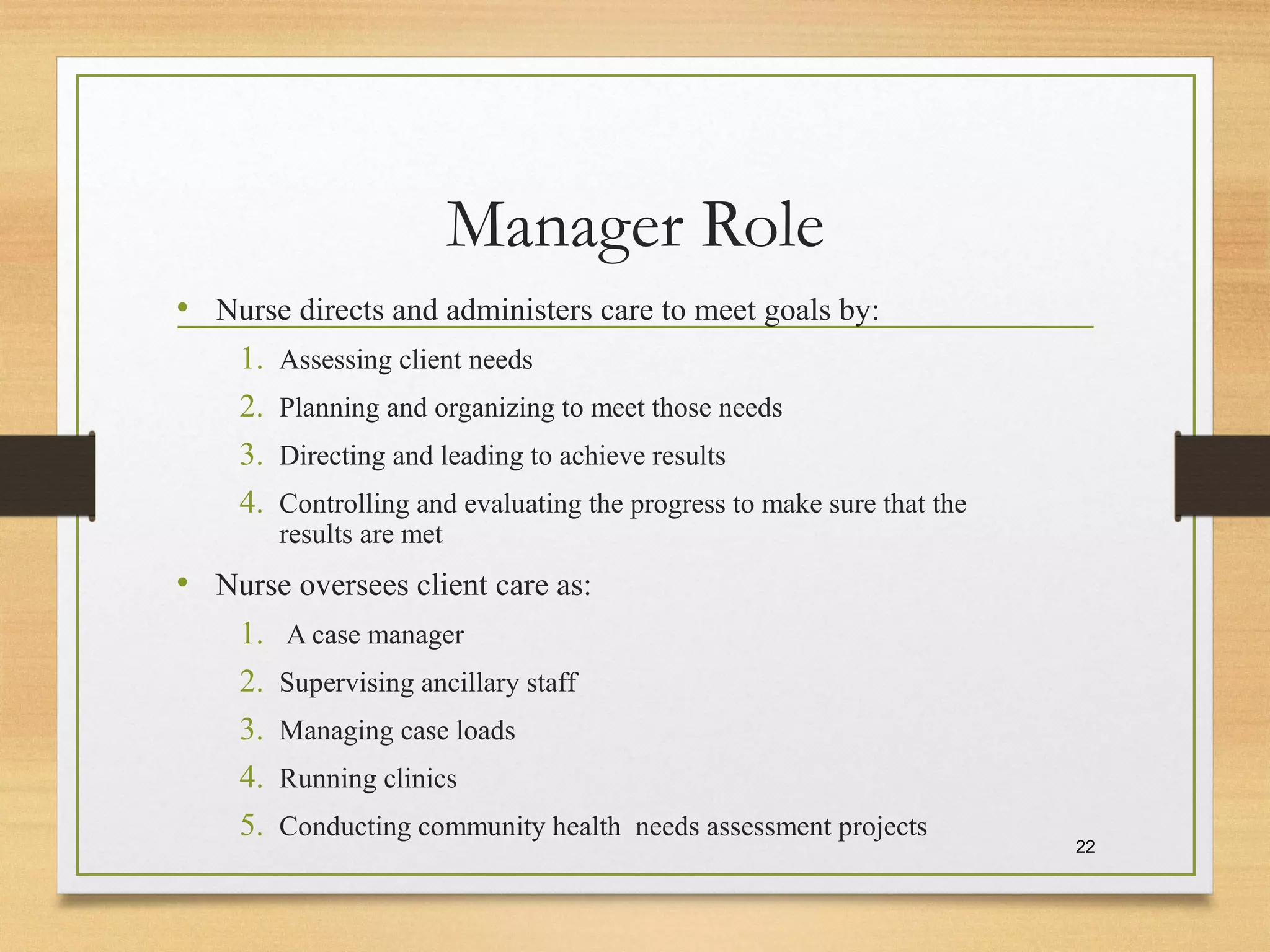 Manager Role
• Nurse directs and administers care to meet goals by:
1. Assessing client needs
2. Planning and organizing to meet those needs
3. Directing and leading to achieve results
4. Controlling and evaluating the progress to make sure that the
results are met
• Nurse oversees client care as:
1. A case manager
2. Supervising ancillary staff
3. Managing case loads
4. Running clinics
5. Conducting community health needs assessment projects
22
 