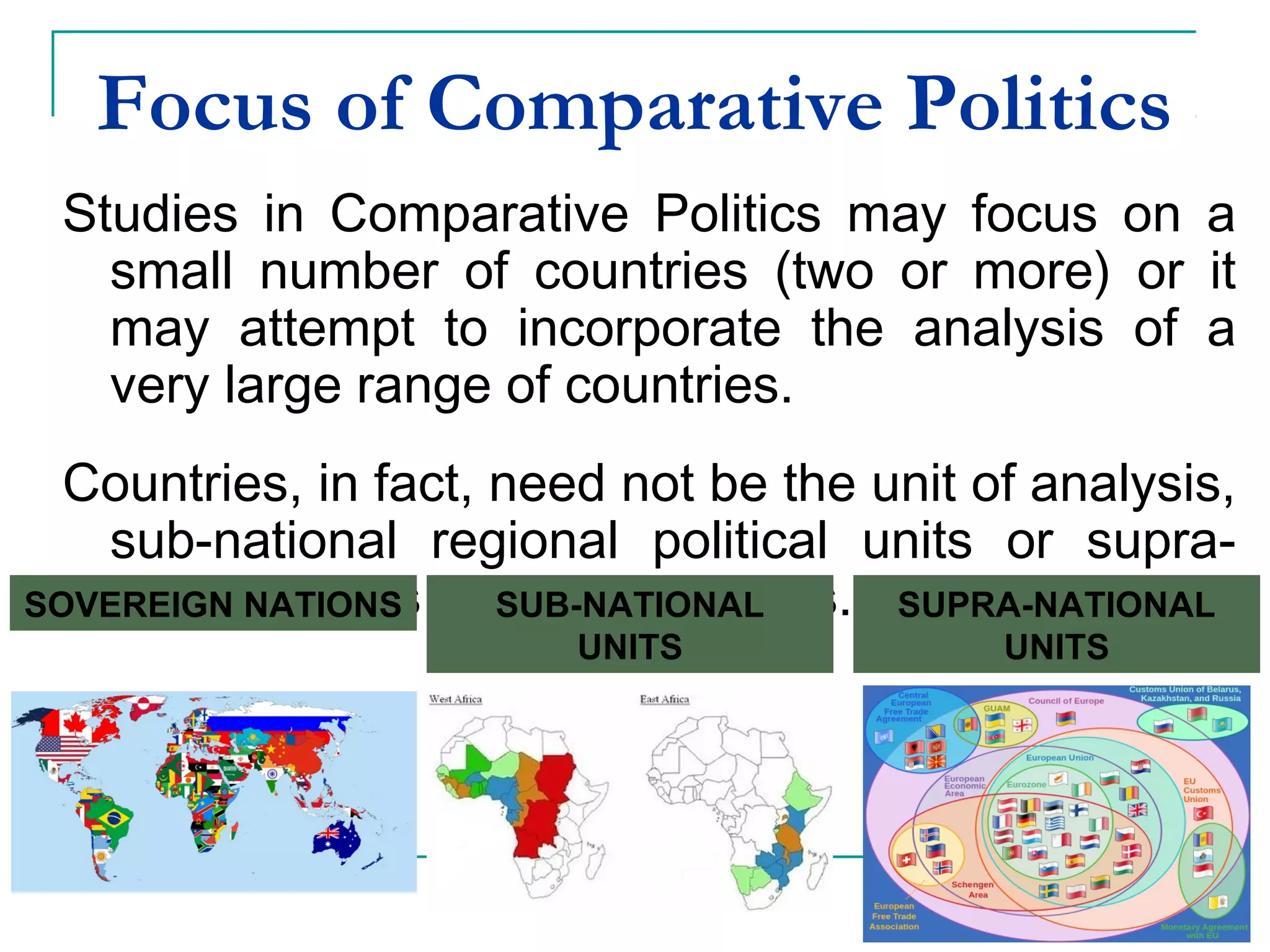Focus of Comparative Politics
Studies in Comparative Politics may focus on a
small number of countries (two or more) or it
may attempt to incorporate the analysis of a
very large range of countries.
Countries, in fact, need not be the unit of analysis,
sub-national regional political units or supra-
national units may be the focus.SOVEREIGN NATIONS SUB-NATIONAL
UNITS
SUPRA-NATIONAL
UNITS
 