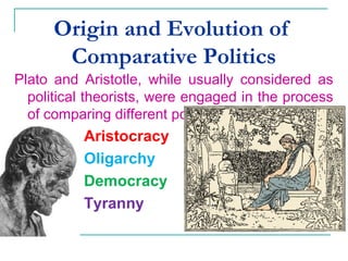 Origin and Evolution of
Comparative Politics
Plato and Aristotle, while usually considered as
political theorists, were engaged in the process
of comparing different political regimes :
Aristocracy
Oligarchy
Democracy
Tyranny
 