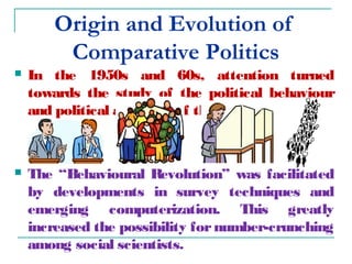 Origin and Evolution of
Comparative Politics
 In the 1950s and 60s, attention turned
towards the study of the political behaviour
and political attitudes of the public.
 The “Behavioural Revolution” was facilitated
by developments in survey techniques and
emerging computerization. This greatly
increased the possibility fornumber-crunching
among social scientists.
 
